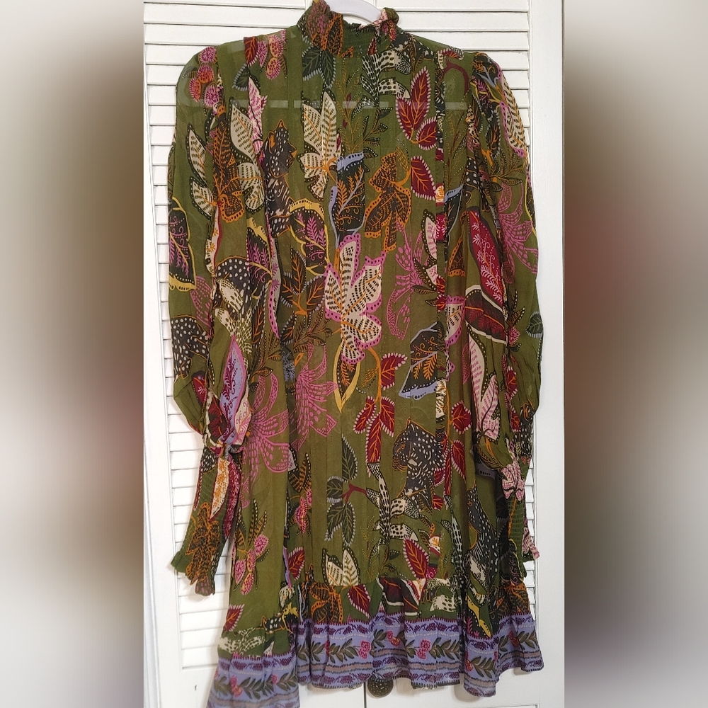 NWT FARM Rio Multicolor Leaf Print Long Sleeve Dress